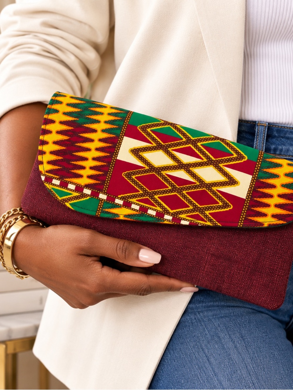 African Print Foldover Clutch - Burgundy & Multi